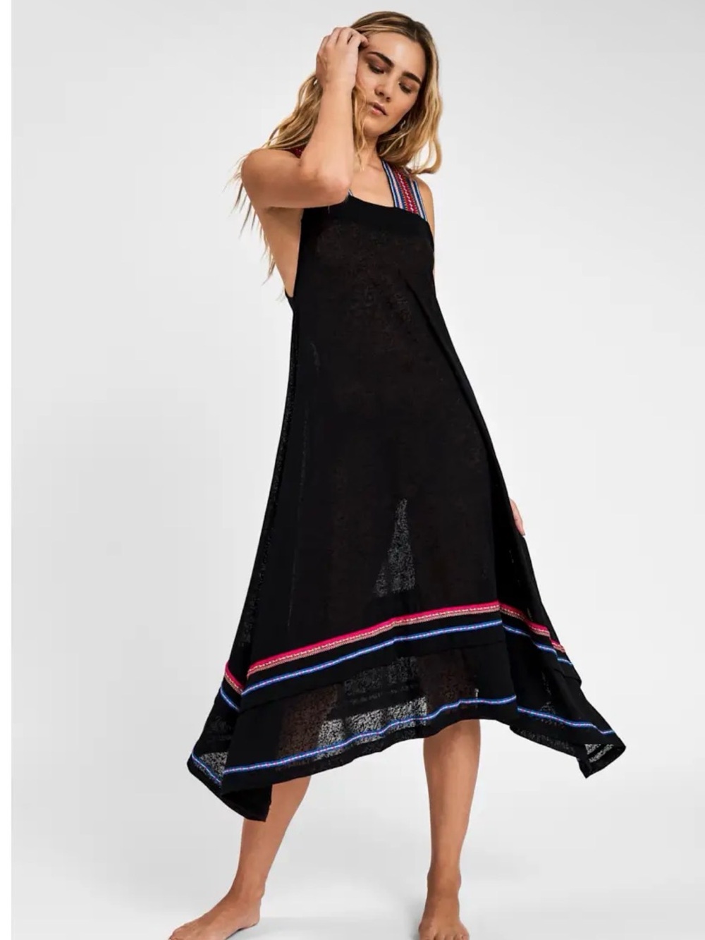 Pitusa Black Swim Coverup Dress with Pink and Blue Stripe Trim